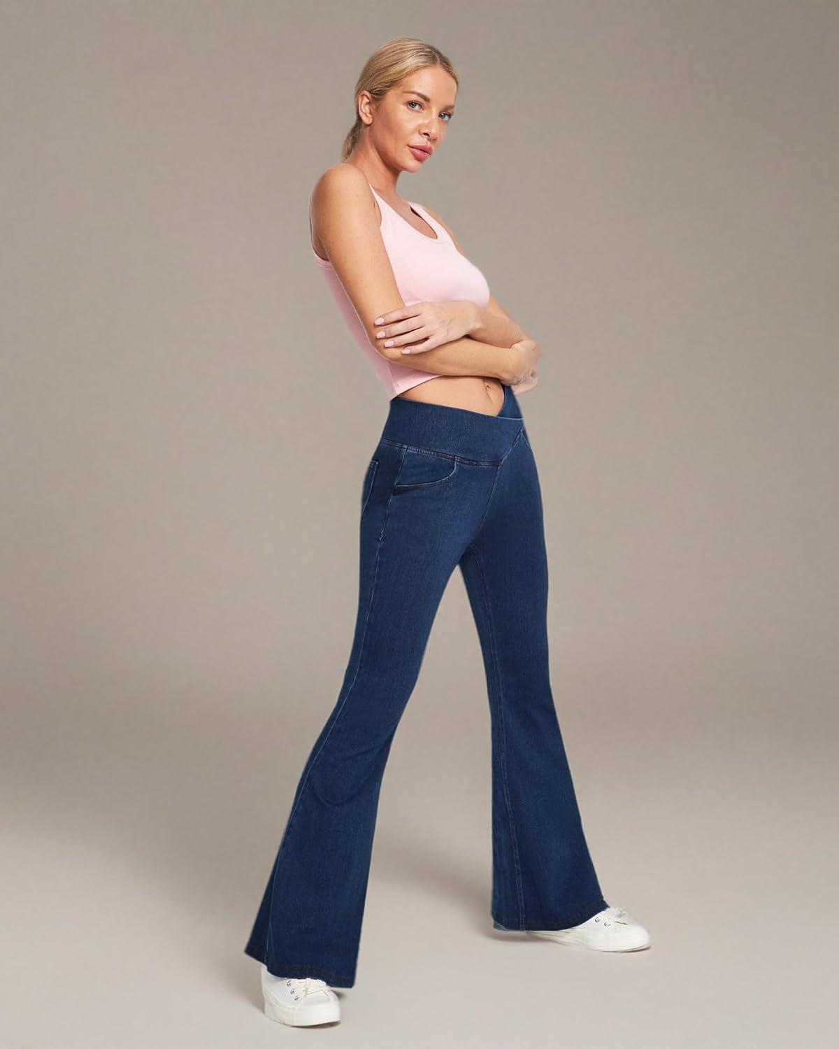 imageEwedoos Flare Bell Bottom Jeans for Women Jeggings Tummy Control High Waisted Stretchy Crossover Pull On JeansDark Blue