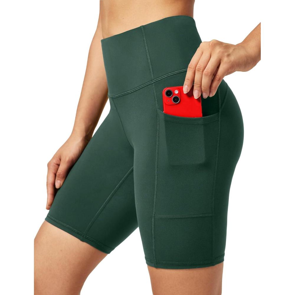 imageEwedoos Biker Shorts Women Tummy Control Workout Shorts with 3 Pockets High Waisted Compression Gym Running Yoga Shorts WomenDark Green