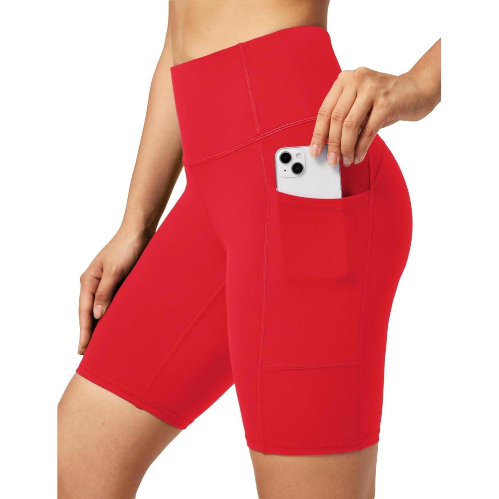 imageEwedoos Biker Shorts Women Tummy Control Workout Shorts with 3 Pockets High Waisted Compression Gym Running Yoga Shorts WomenRed
