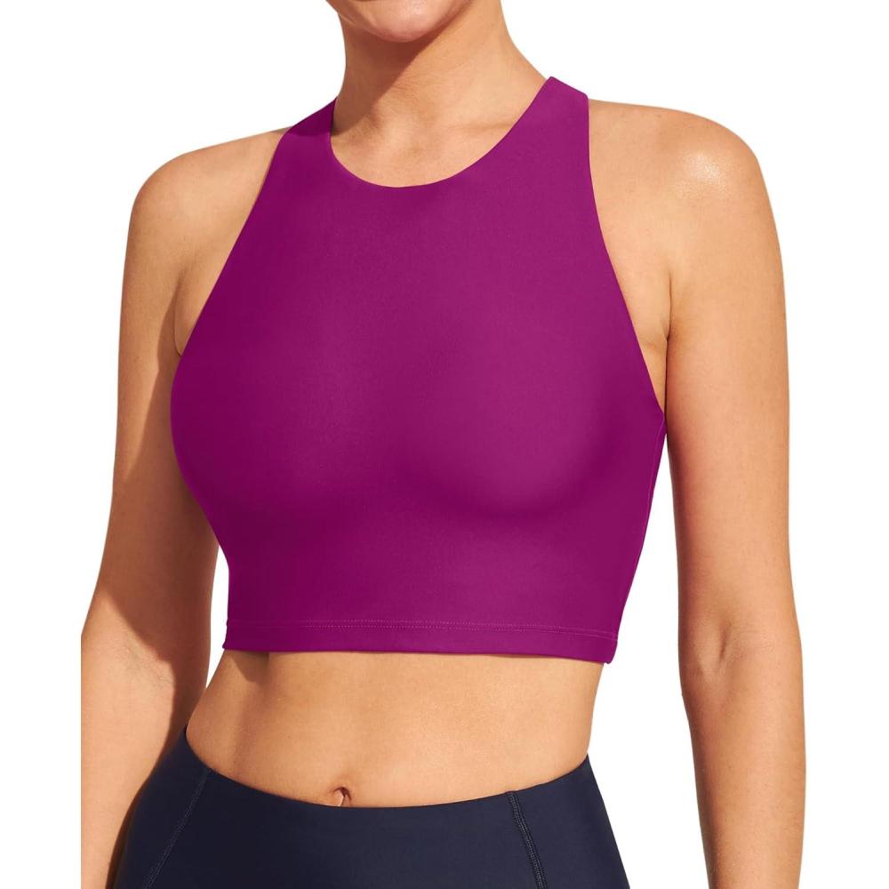 imageEwedoos Bikini Tops for Women Quick Dry UPF 50 Bathing Suit Tops for Women Adjustable Strap Padded Sports Bra Swim Top OnlyRose Red
