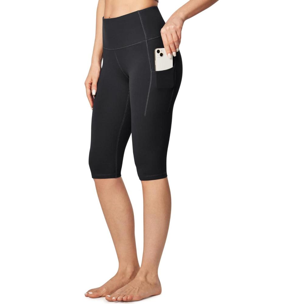 imageEwedoos Capri Leggings for Women with Pockets Womens Capris Knee Length High Waisted Yoga Pants Compression Workout LeggingsBlack