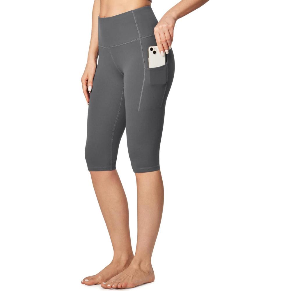 imageEwedoos Capri Leggings for Women with Pockets Womens Capris Knee Length High Waisted Yoga Pants Compression Workout LeggingsGray