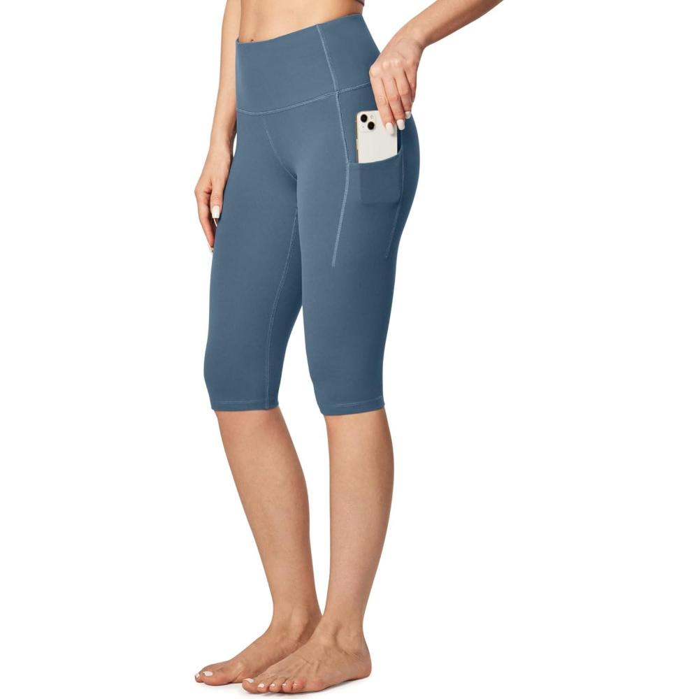 imageEwedoos Capri Leggings for Women with Pockets Womens Capris Knee Length High Waisted Yoga Pants Compression Workout LeggingsIndigo