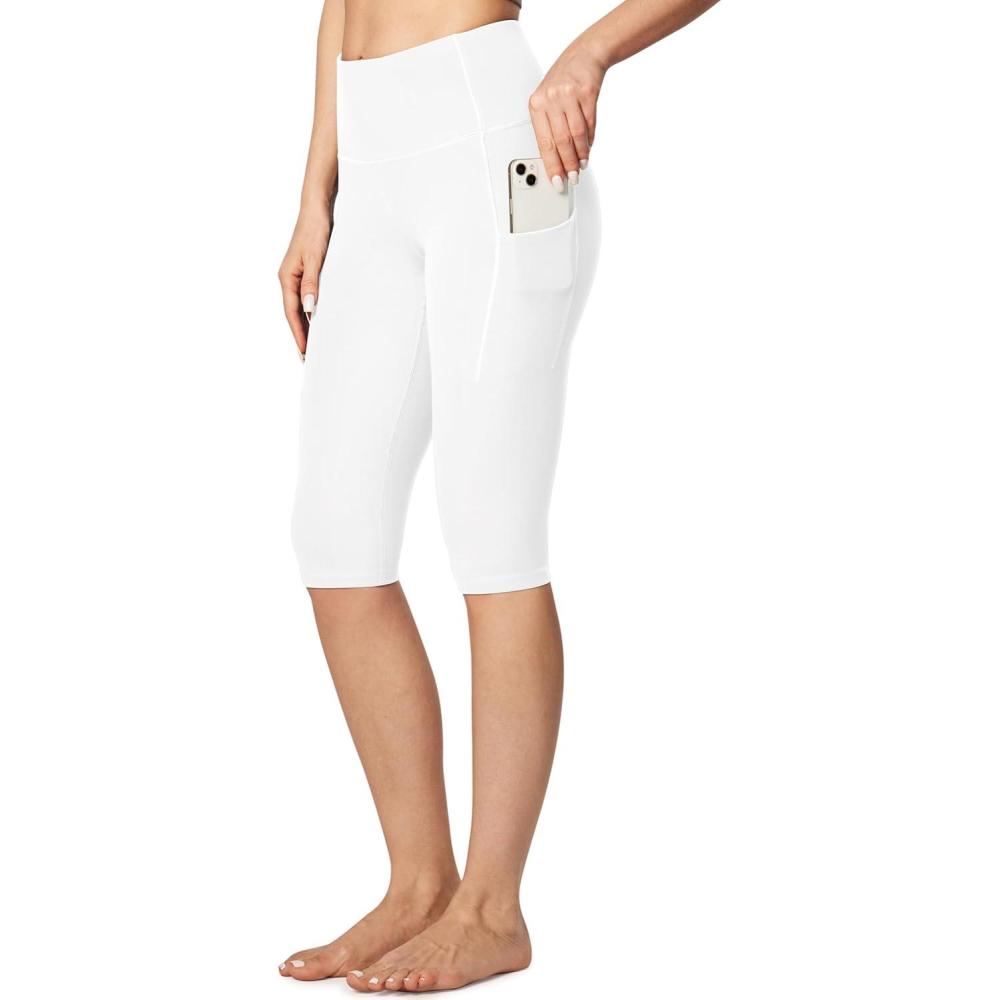 imageEwedoos Capri Leggings for Women with Pockets Womens Capris Knee Length High Waisted Yoga Pants Compression Workout LeggingsWhite