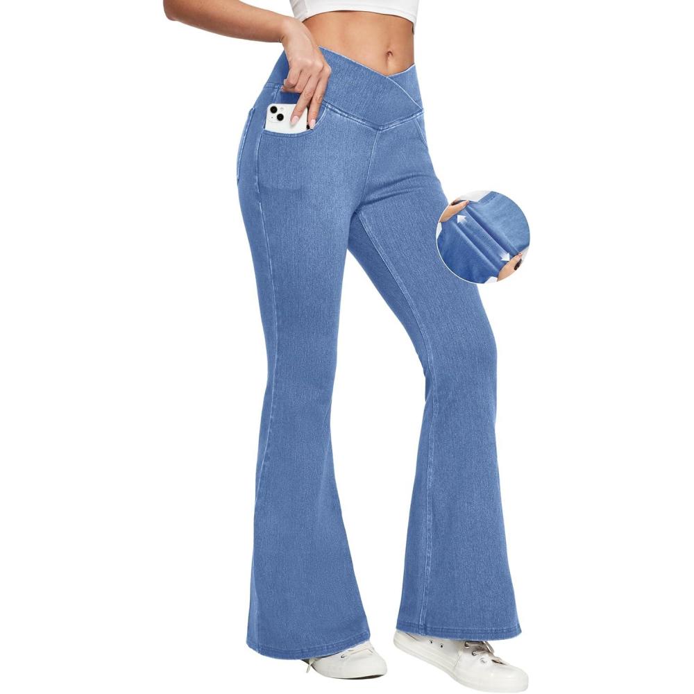 imageEwedoos Flare Bell Bottom Jeans for Women Jeggings Tummy Control High Waisted Stretchy Crossover Pull On JeansPastel Blue