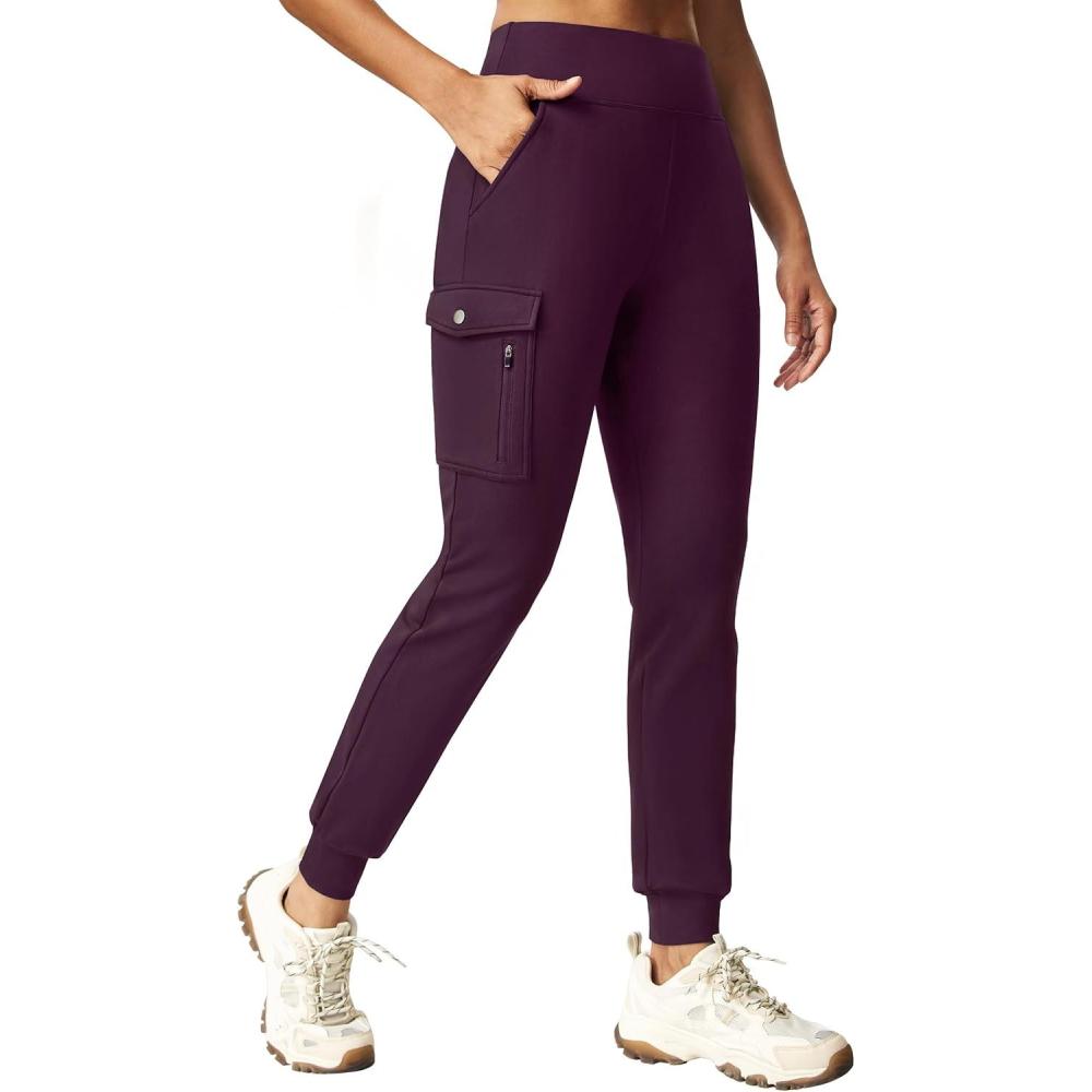 imageEwedoos Fleece Lined Joggers Women Water Resistant Thermal Sweatpants High Waisted Hiking Cargo Pants with PocketsDark Purple