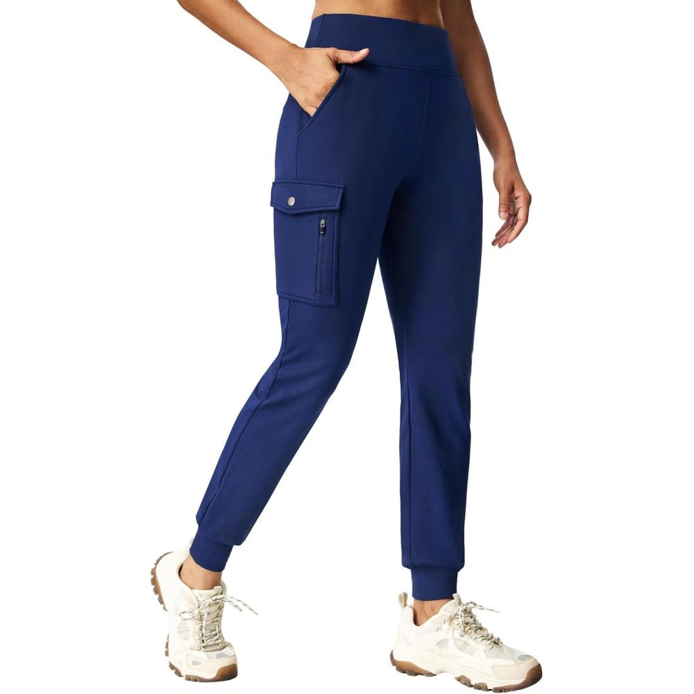 imageEwedoos Fleece Lined Joggers Women Water Resistant Thermal Sweatpants High Waisted Hiking Cargo Pants with PocketsNavy
