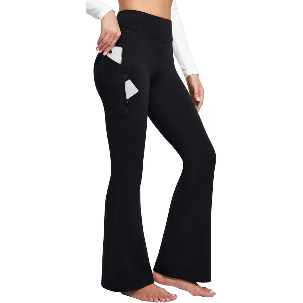 imageEwedoos Fleece Lined Yoga Pants with Pockets Water Resistant Hiking Pants Women High Waist Flare Leggings Winter Warm PantsBlack