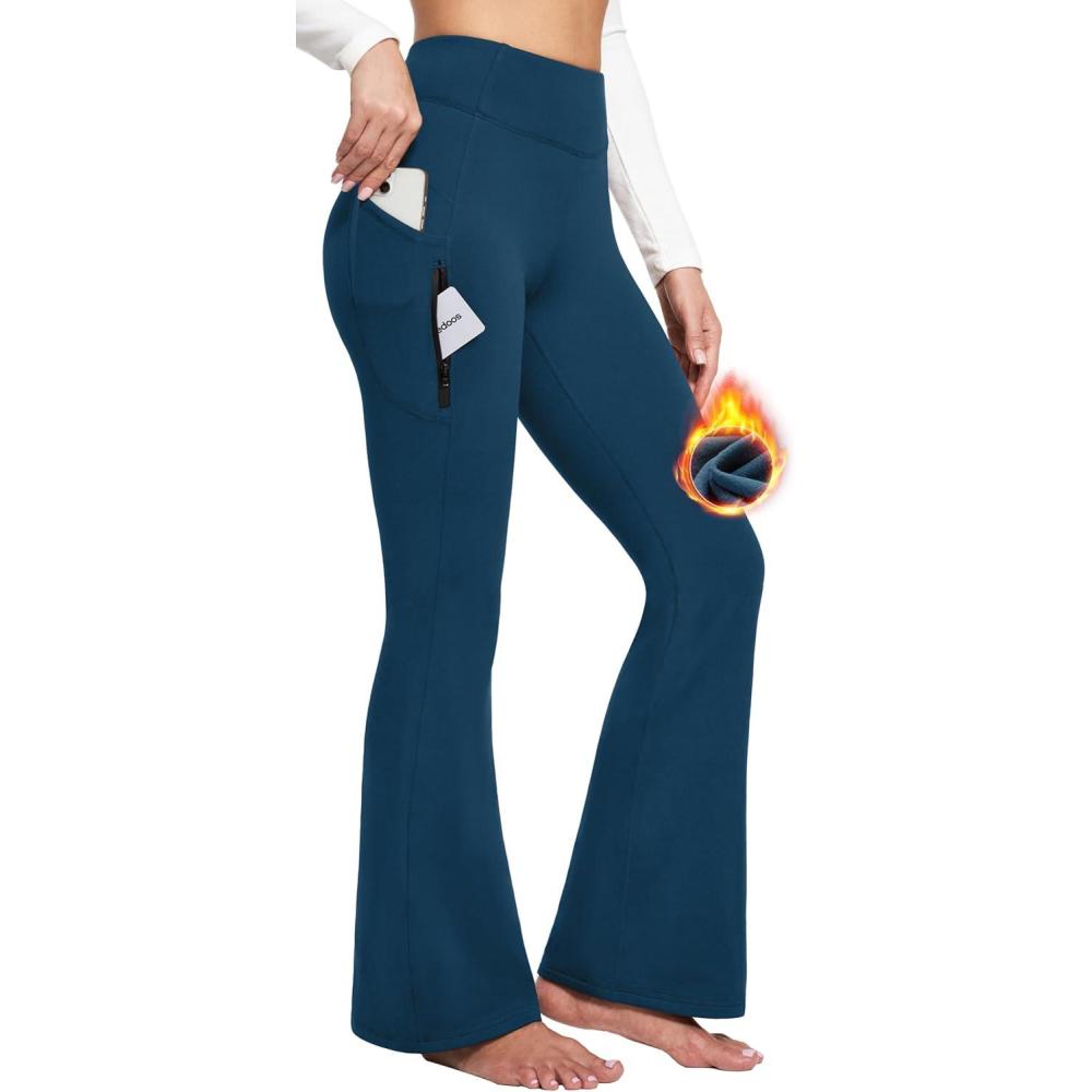 imageEwedoos Fleece Lined Yoga Pants with Pockets Water Resistant Hiking Pants Women High Waist Flare Leggings Winter Warm PantsDark Midinight Blue