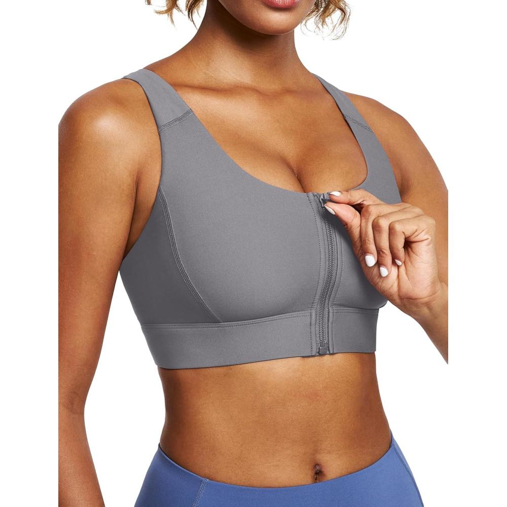 imageEwedoos High Impact Sports Bras for Women High Support Zip Front Large Bust Workout Sports Bras with Adjustable StrapsLight Gray