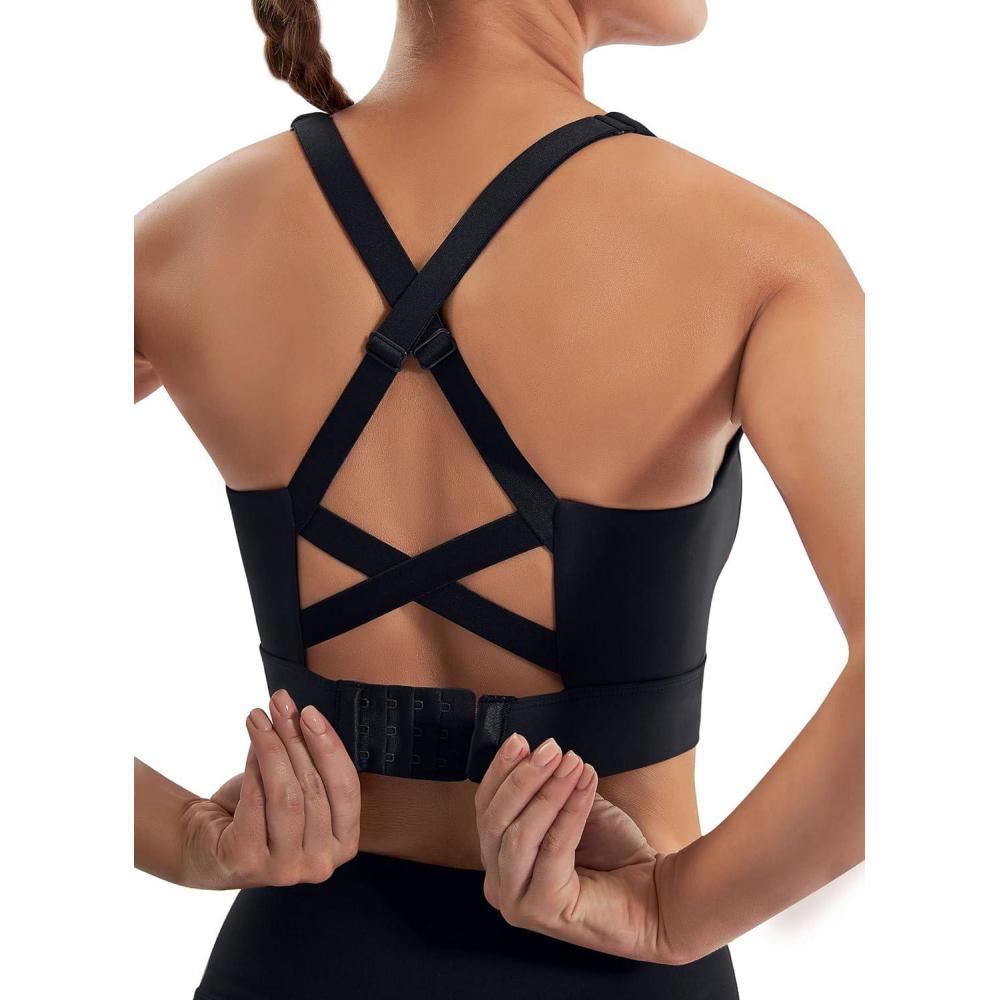 imageEwedoos High Support Sports Bras for Women Adjustbale Supportive High Impact Sports Bra Push Up Workout Running BrasBlack