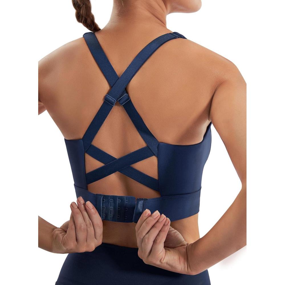 imageEwedoos High Support Sports Bras for Women Adjustbale Supportive High Impact Sports Bra Push Up Workout Running BrasNavy Blue