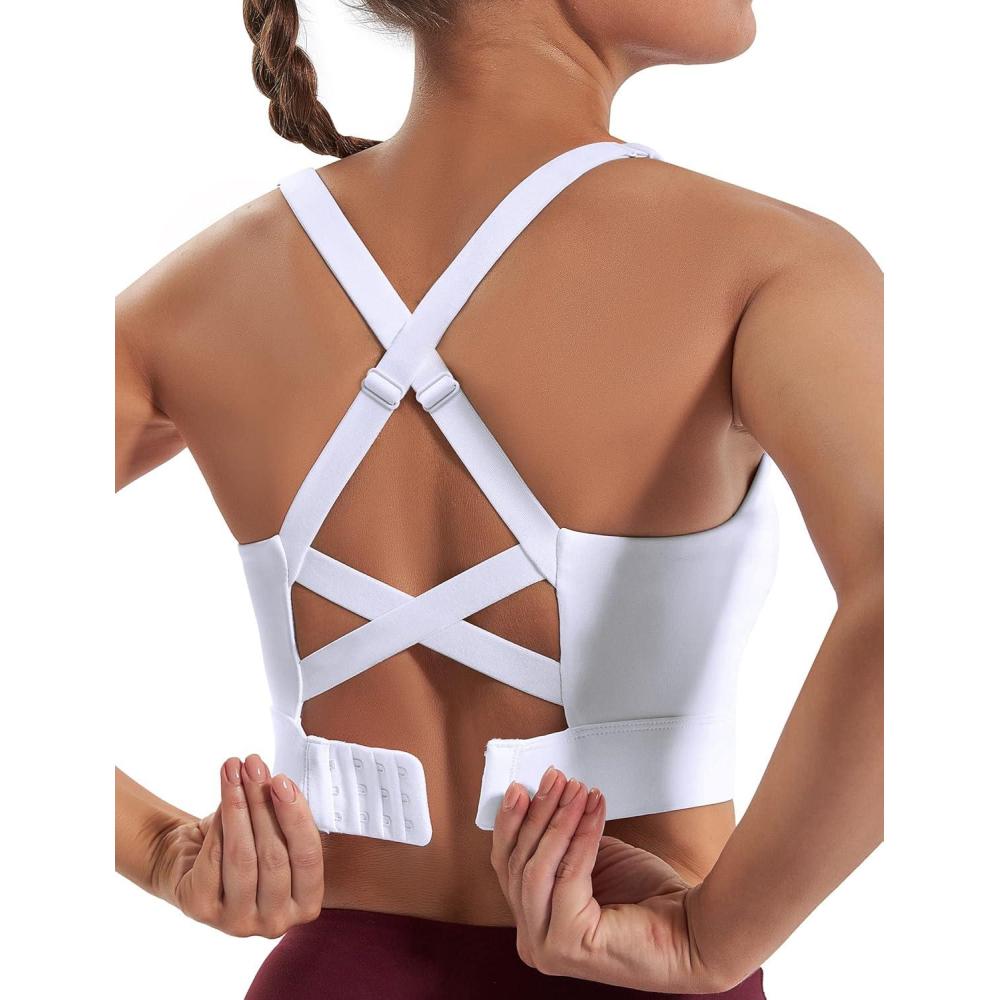 imageEwedoos High Support Sports Bras for Women Adjustbale Supportive High Impact Sports Bra Push Up Workout Running BrasWhite