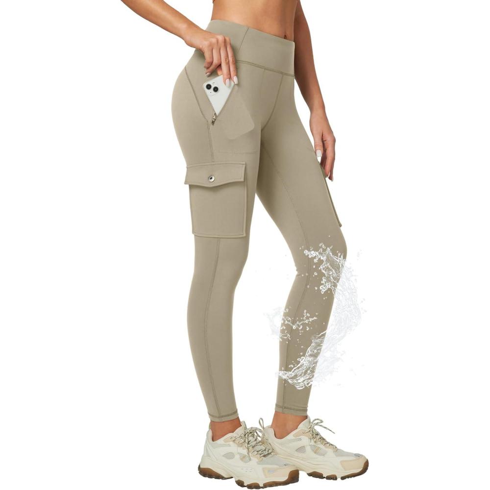 imageEwedoos Hiking Pants Women Leggings with Zipper Pockets Water Resistant Workout Compression Leggings Tummy Control UPF50Khaki Leggings