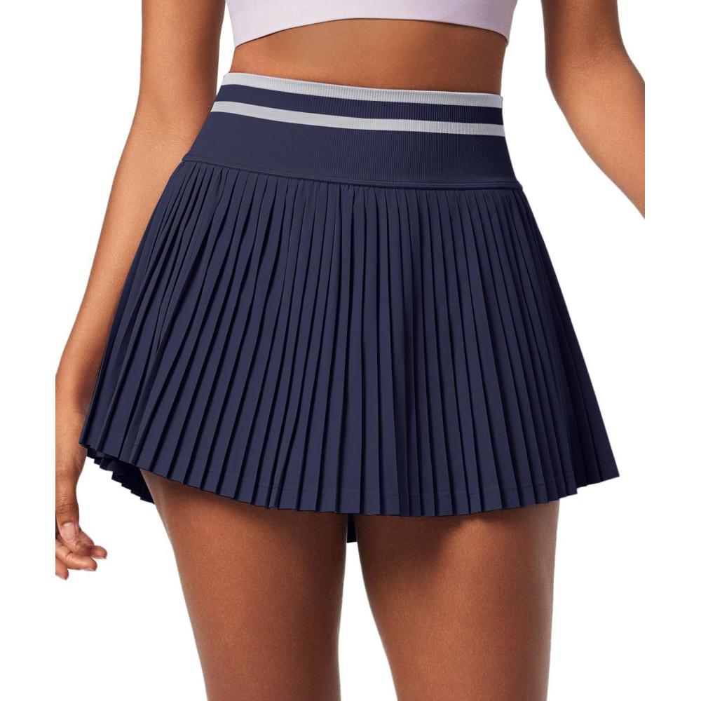 imageEwedoos Pleated Tennis Skirt with Shorts Seamless High Waisted Skirt for Women Golf Athletic Skirt Skorts with PocketClassic Navy