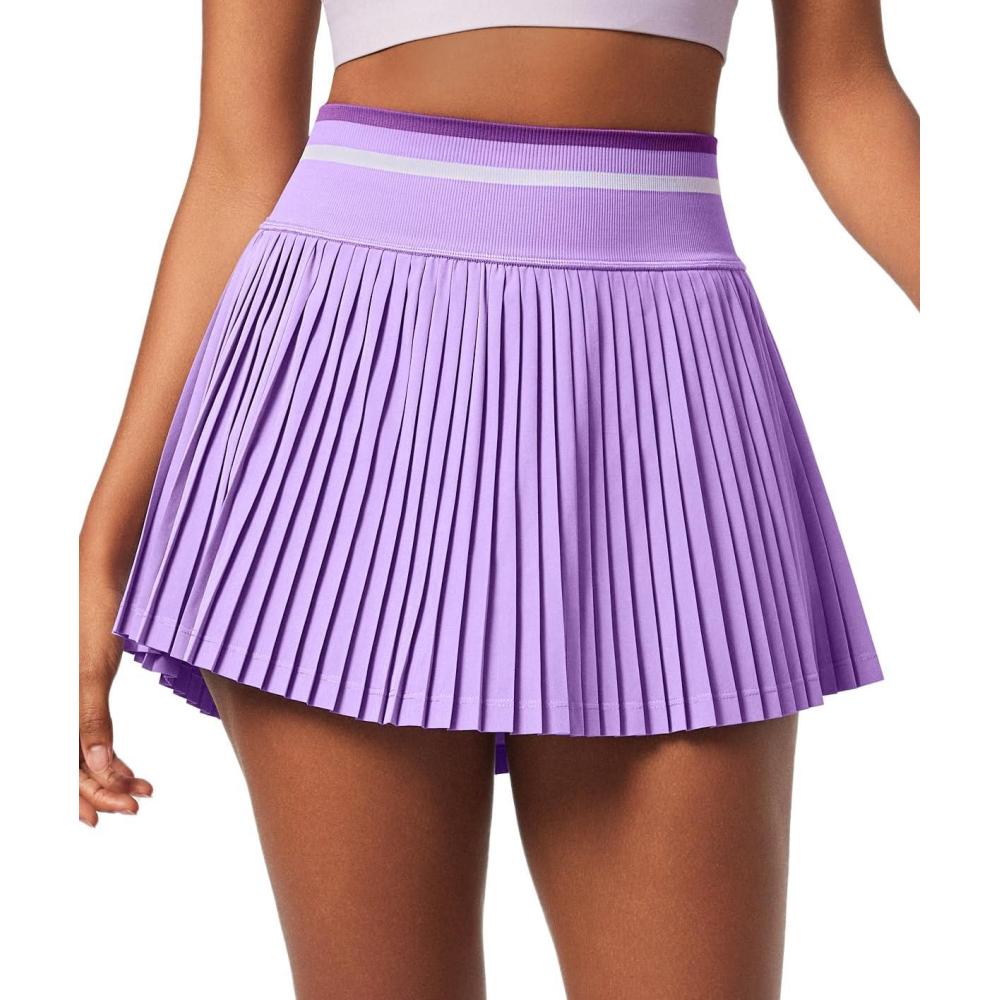 imageEwedoos Pleated Tennis Skirt with Shorts Seamless High Waisted Skirt for Women Golf Athletic Skirt Skorts with PocketLavender