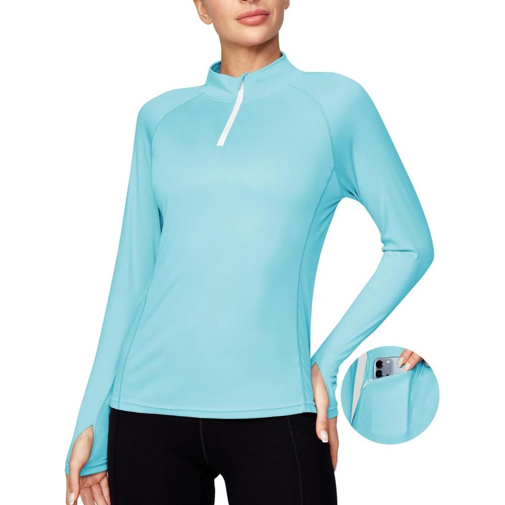 imageEwedoos Rash Guard for Women UPF50 UV Sun Protection Clothing SPF Shirts Long Sleeve Swim Shirts for Woman with PocketsLight Blue