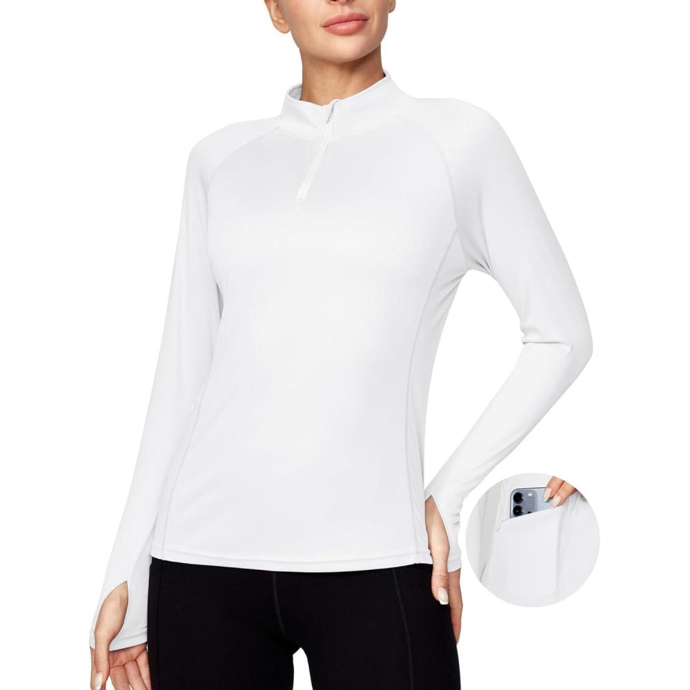 imageEwedoos Rash Guard for Women UPF50 UV Sun Protection Clothing SPF Shirts Long Sleeve Swim Shirts for Woman with PocketsWhite