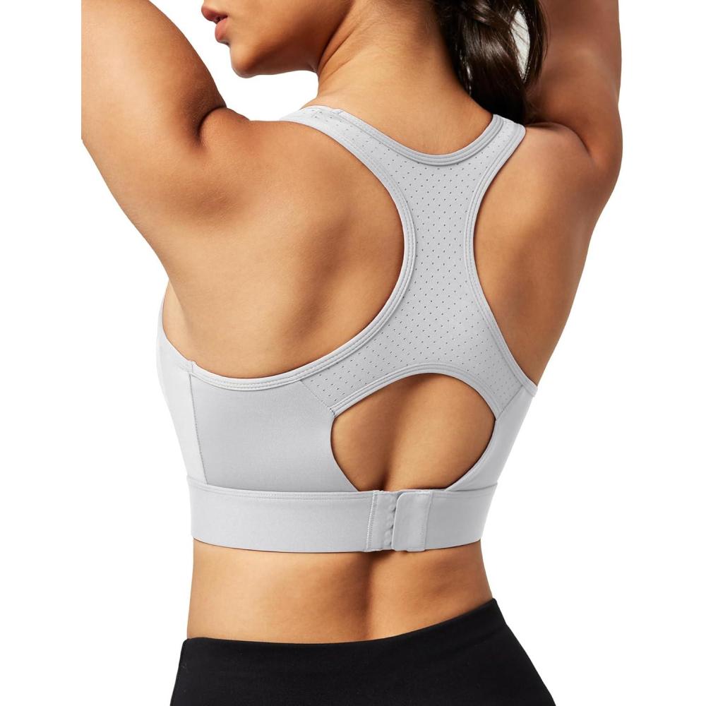 imageEwedoos Sports Bras for Women High Support High Impact Sports Bras for Women Large Bust Push up Racerback Workout Running BraLightgrey