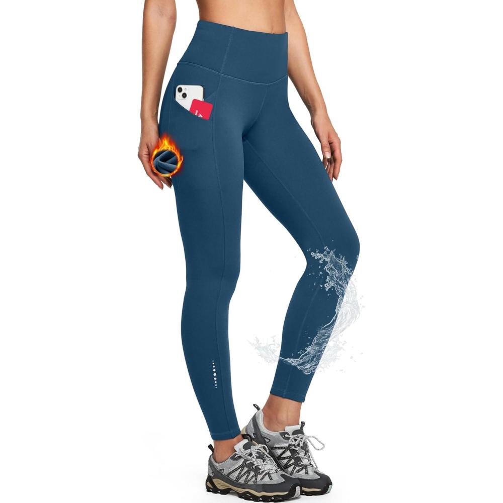 imageEwedoos Womens Fleece Lined Leggings WaterResistant Thermal Winter Fleece Leggings for Women with Pockets Ski HikingDark Midinight Blue