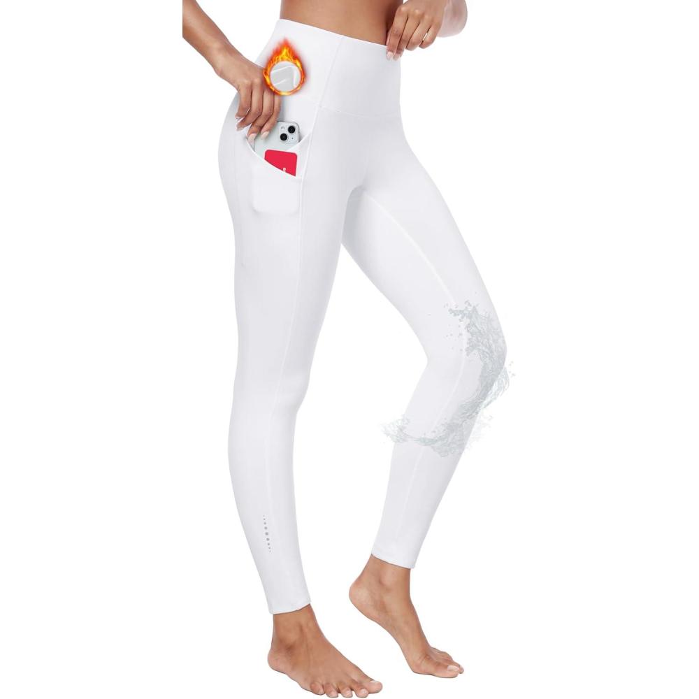 imageEwedoos Womens Fleece Lined Leggings WaterResistant Thermal Winter Fleece Leggings for Women with Pockets Ski HikingWhite