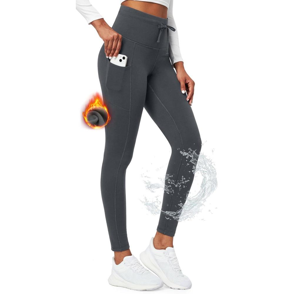 imageEwedoos Womens Fleece Lined Leggings with Pockets Water Resistant High Waisted Thermal Winter Leggings for Women HikingDark Grey Fleece Lined Leggings