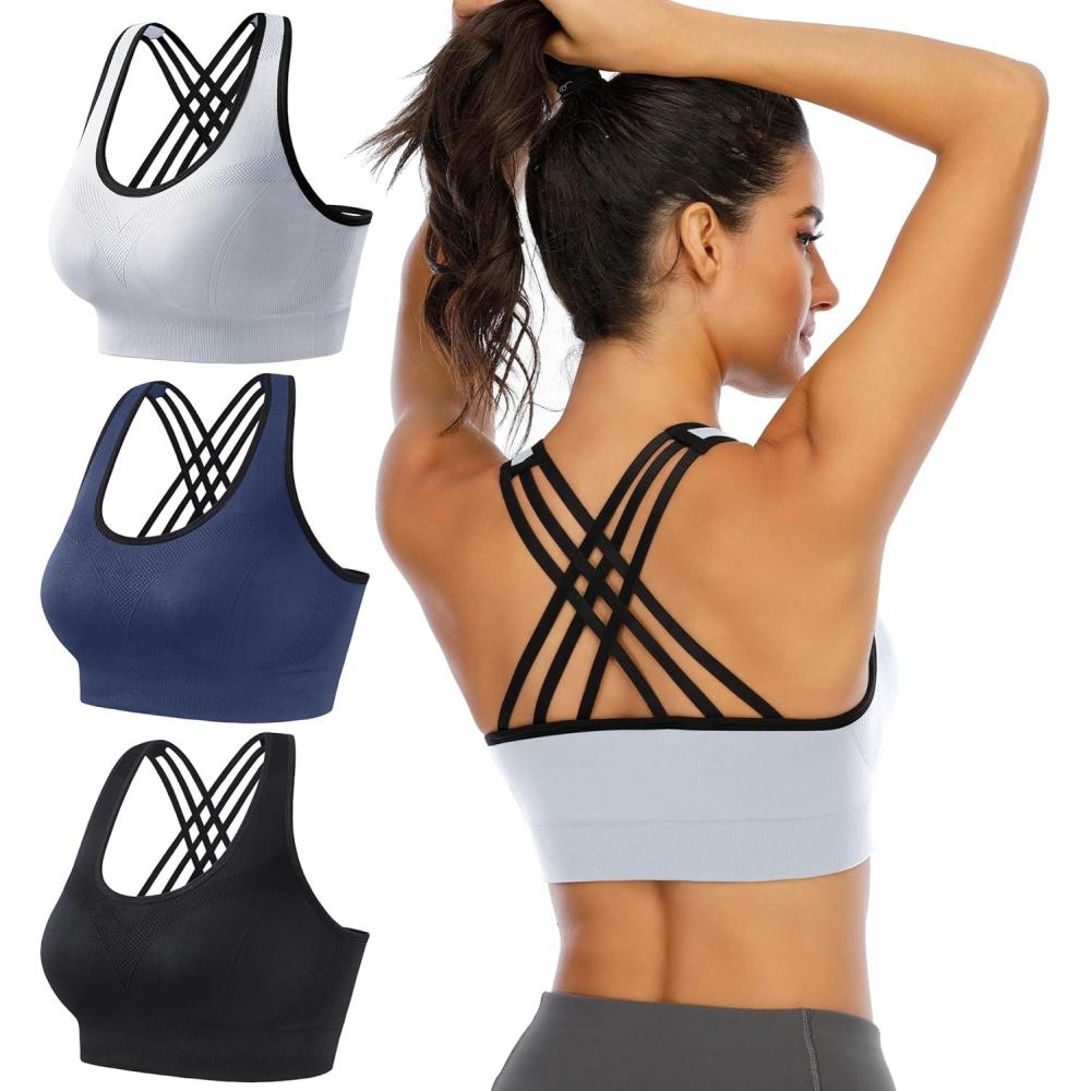 imageEwedoos Womens Sports Bras Padded Sports Bra Supportive Strappy Criss Cross Yoga Bra Workout Athletic Bras 3 Pack3 Packs Blacklightgreynavy