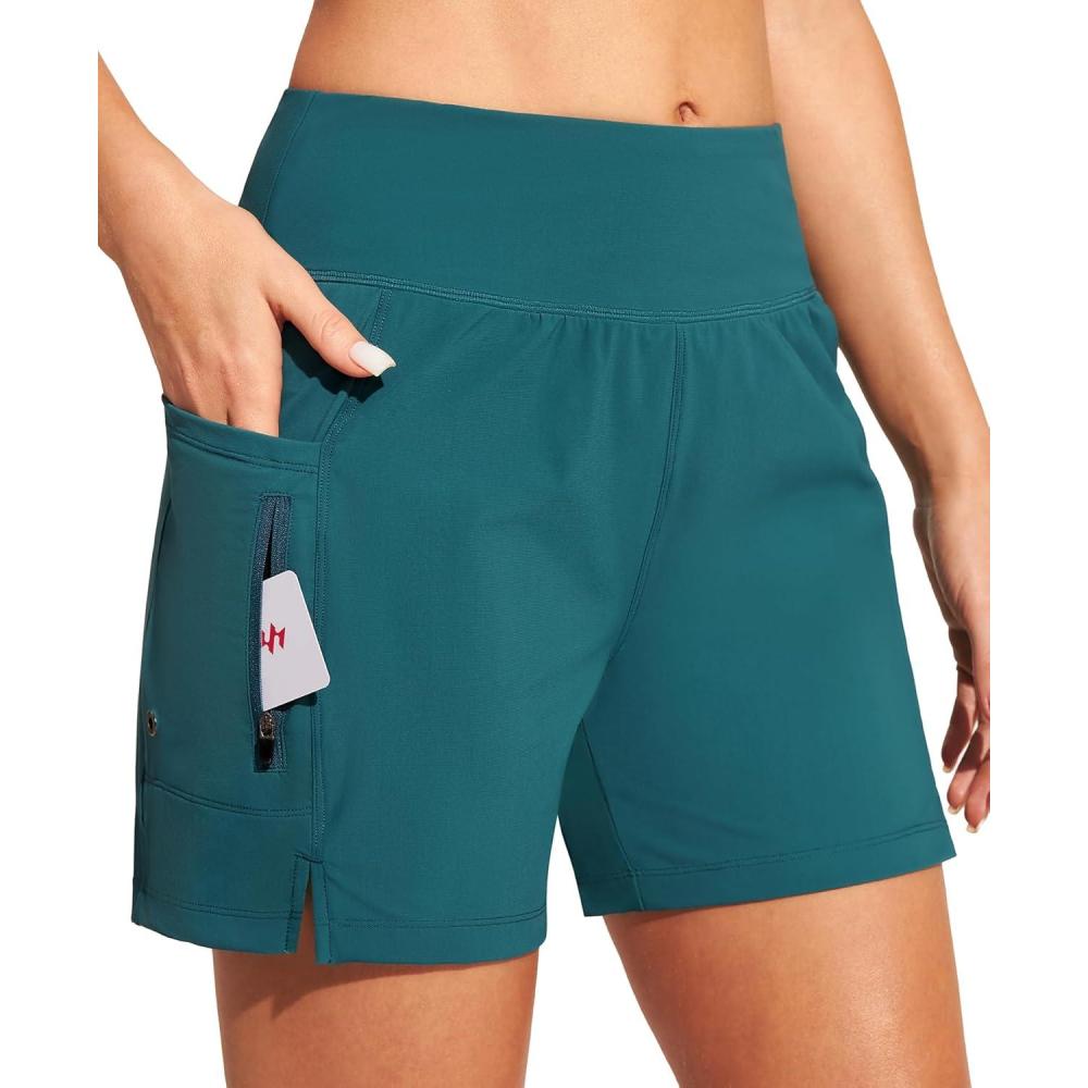 imageEwedoos Womens Swim Shorts High Waisted Board Shorts for Women Stretchy 5quot Swim Beach Short with Pockets Swimwear LinerForest Green