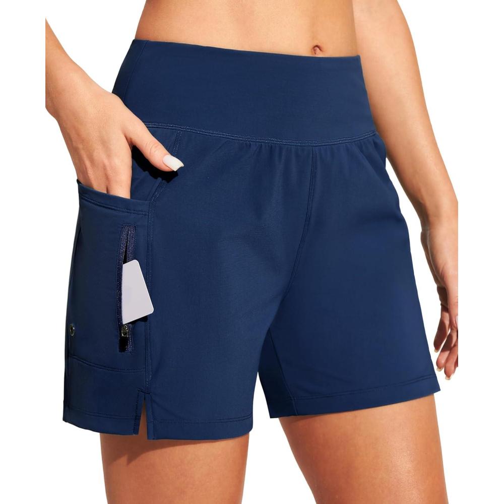 imageEwedoos Womens Swim Shorts High Waisted Board Shorts for Women Stretchy 5quot Swim Beach Short with Pockets Swimwear LinerNavy Blue