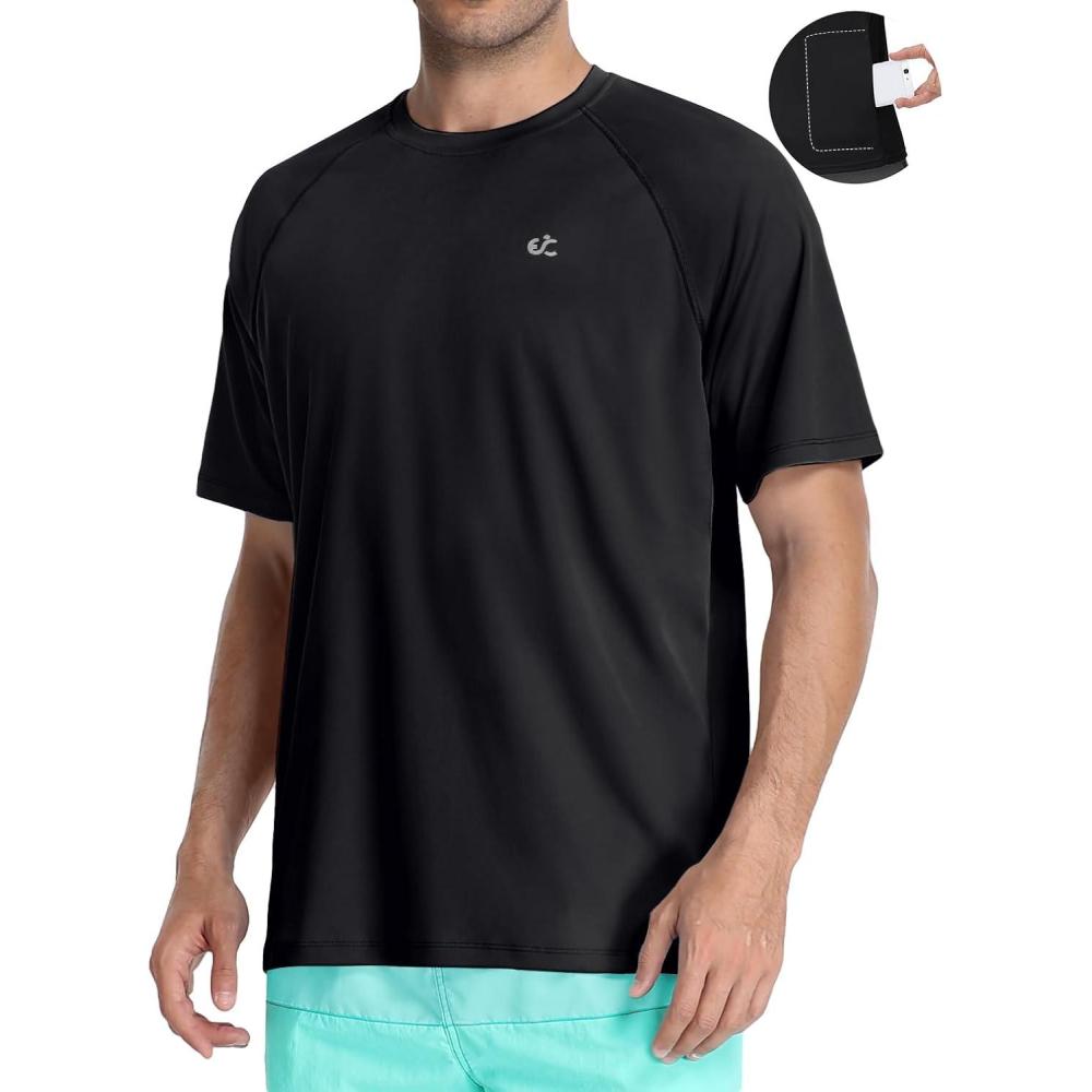 imageMens Swim Shirt Quick Dry Sun Shirts UPF50 Rash Guard for Men Short Sleeve UV Sun Protection Beach ShirtsBlack