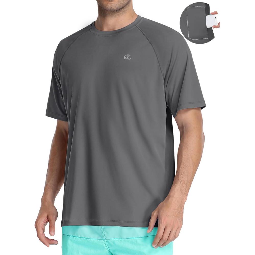 imageMens Swim Shirt Quick Dry Sun Shirts UPF50 Rash Guard for Men Short Sleeve UV Sun Protection Beach ShirtsDark Grey