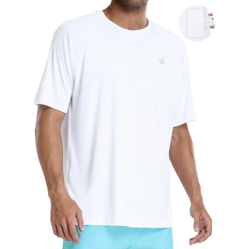 imageMens Swim Shirt Quick Dry Sun Shirts UPF50 Rash Guard for Men Short Sleeve UV Sun Protection Beach ShirtsWhite