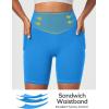 Ewedoos Biker Shorts Women Tummy Control Workout Shorts with 3 Pockets High Waisted Compression Gym Running Yoga Shorts Women(Sparkle Blue)