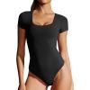 imageEwedoos Bodysuits for Women Tummy Control Double Lined Short Sleeve Bodysuit Scoop Neck Body Suits TopsBlack