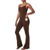 Ewedoos Flare Jumpsuits for Women with Pockets Adjustable Strap Sculpting Bodycon Jumpsuit Unitard Tummy Control Body Suit(Brown)