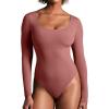 Ewedoos Long Sleeve Bodysuits for Women Scoop Neck Body Suits for Womens Tummy Control Soft Double Lined Bodysuit Tops(Marsala)
