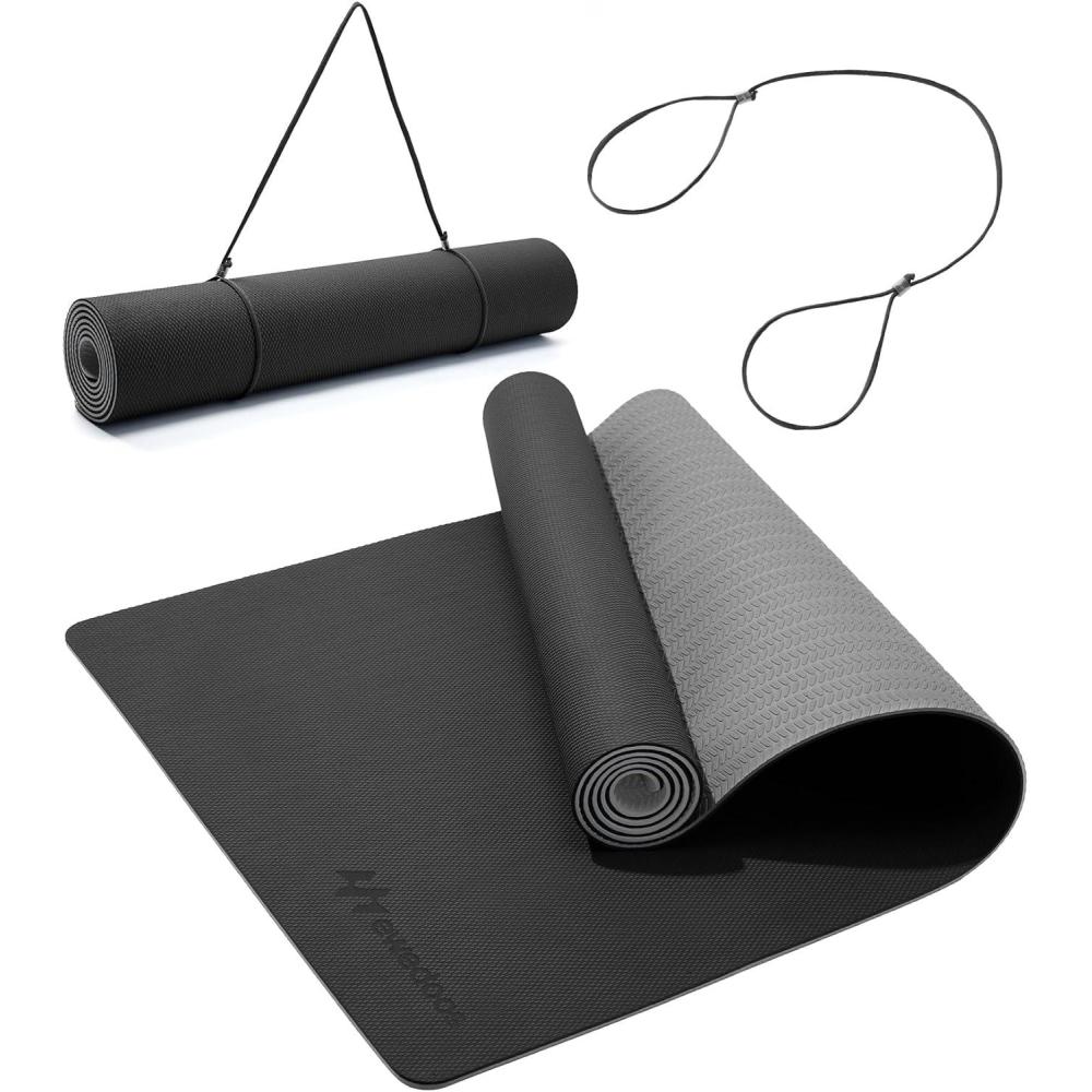 imageEwedoos Eco Friendly Yoga Mat Thick TPE Yoga Mat Non Slip Yoga Mats Antitear Exercise Workout Mat for Women Men Kids Yoga Pilates and FitnessBlack Yoga Mat