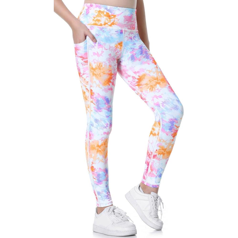 imageEwedoos Girls Athletic Leggings with Pockets Kids Yoga Pants Leggings for Girls Active Running Dance TightsFlower Tie Dye
