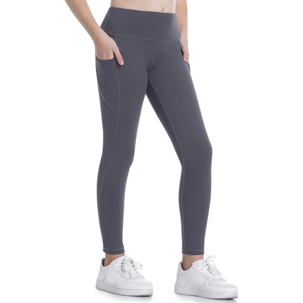 imageEwedoos Girls Athletic Leggings with Pockets Kids Yoga Pants Leggings for Girls Active Running Dance TightsGray