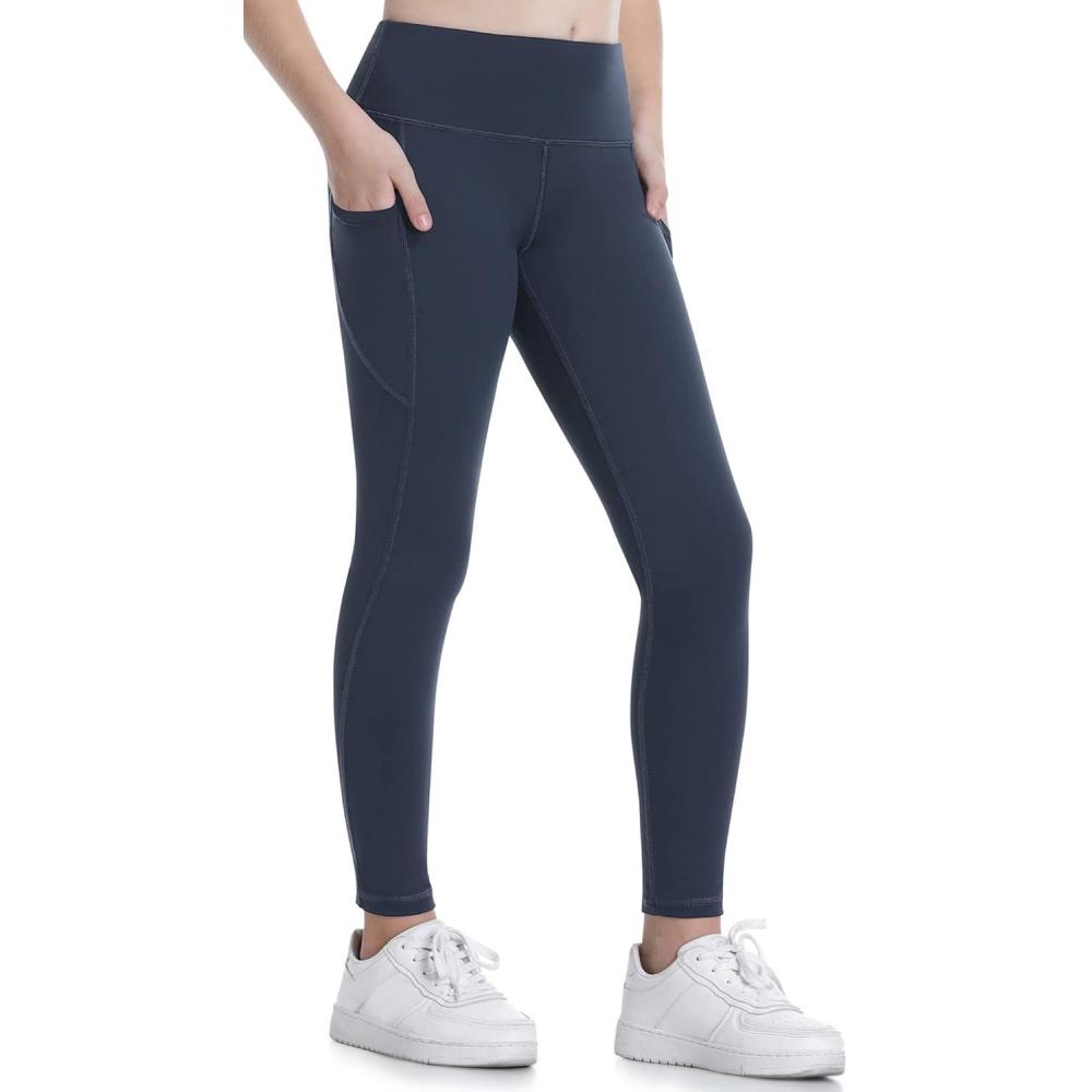 imageEwedoos Girls Athletic Leggings with Pockets Kids Yoga Pants Leggings for Girls Active Running Dance TightsNavy Leggings