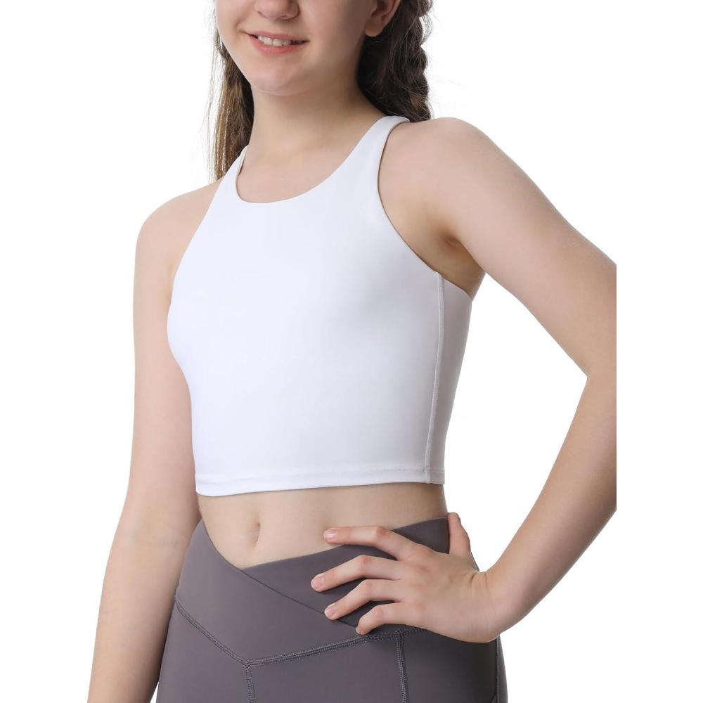 imageEwedoos Girls Tank Tops Double Lined Crop Tops for Kids Sleeveless High Neck Racerback Dance Tops for Girls AthleticWhite