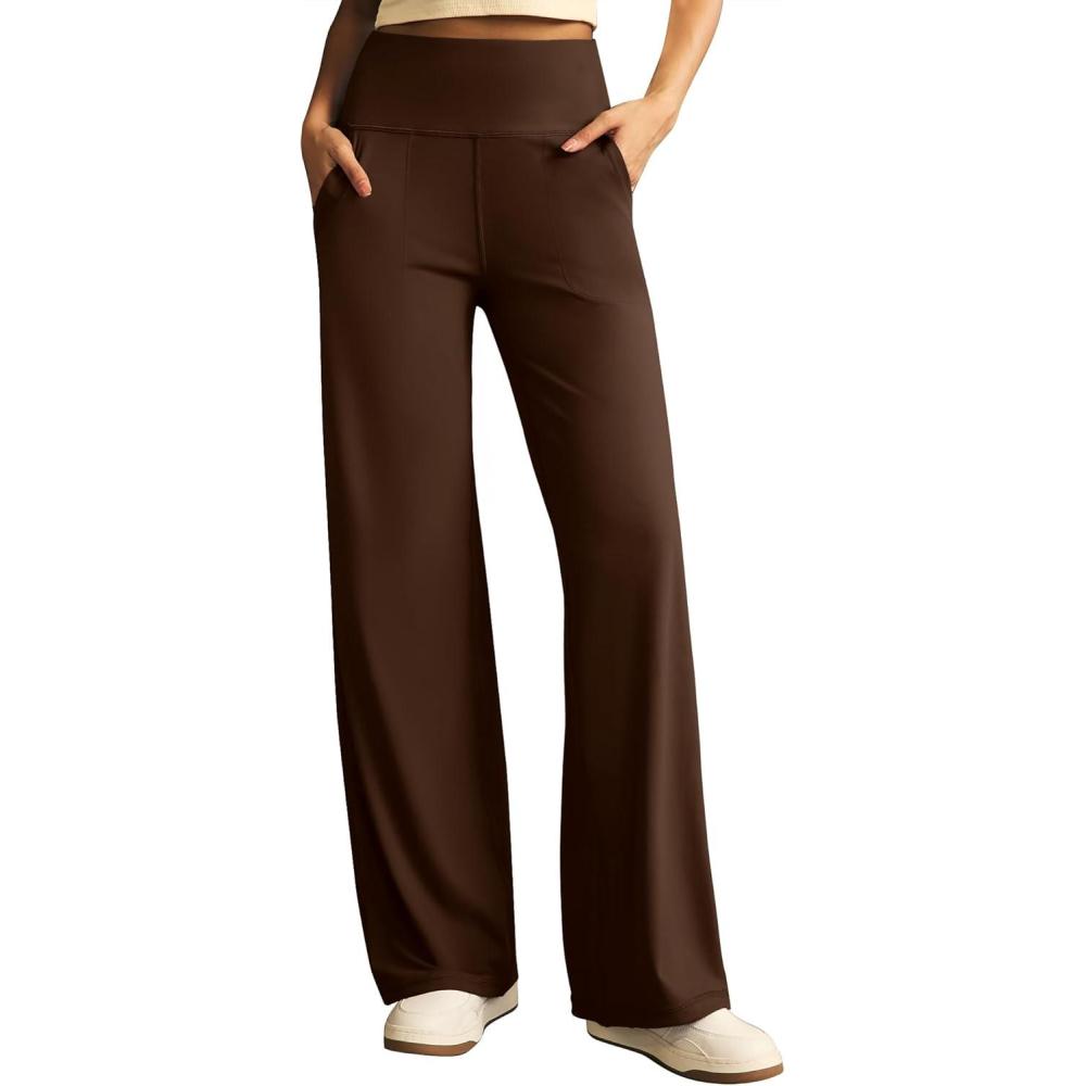 imageEwedoos Wide Leg Yoga Pants for Women with Pockets Stretchy Work Dress Pants High Waisted Sweatpants CasualBrown