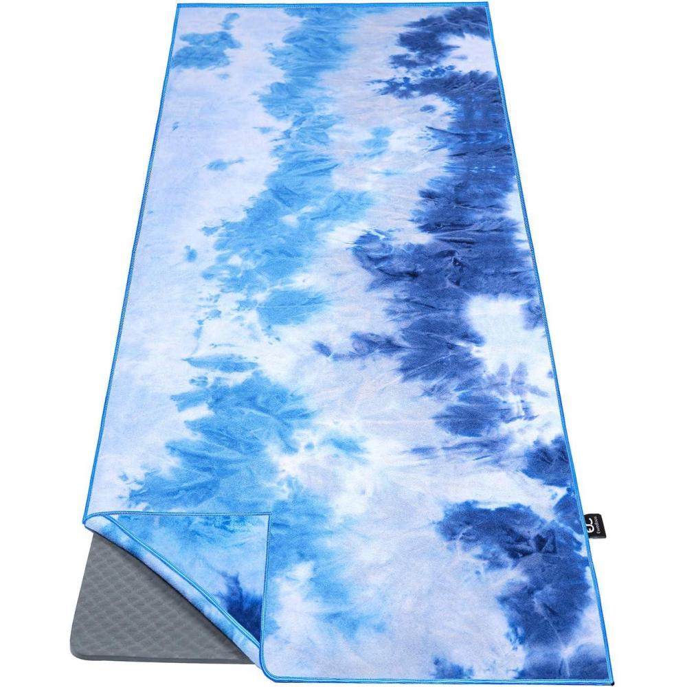 imageEwedoos Yoga Towel Mat Towel with Anchor Fit Corners Non Slip Towel for Hot Yoga Pilates Workout CampingBlue  White Tie Dye