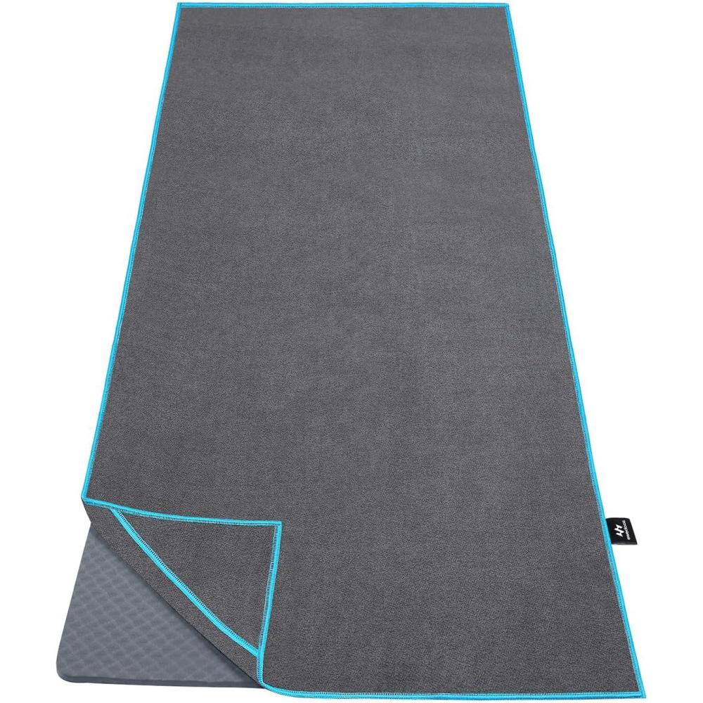 imageEwedoos Yoga Towel Mat Towel with Anchor Fit Corners Non Slip Towel for Hot Yoga Pilates Workout CampingGray  Blue Trim