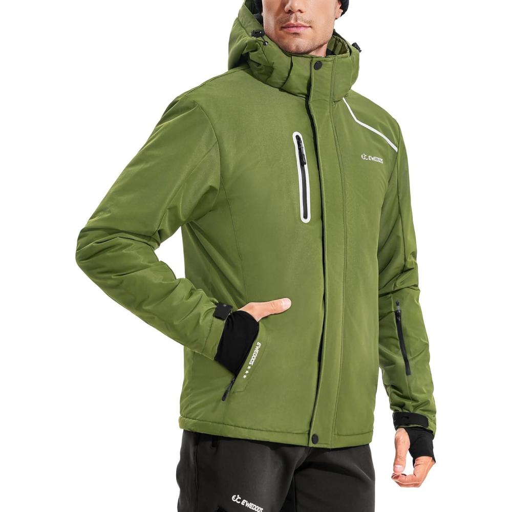 imageEwedoos WindStopping DWR Ski Jacket for Men Winter Snow Jacket With Detachable Hood Snowboard Winter CoatsDark Green