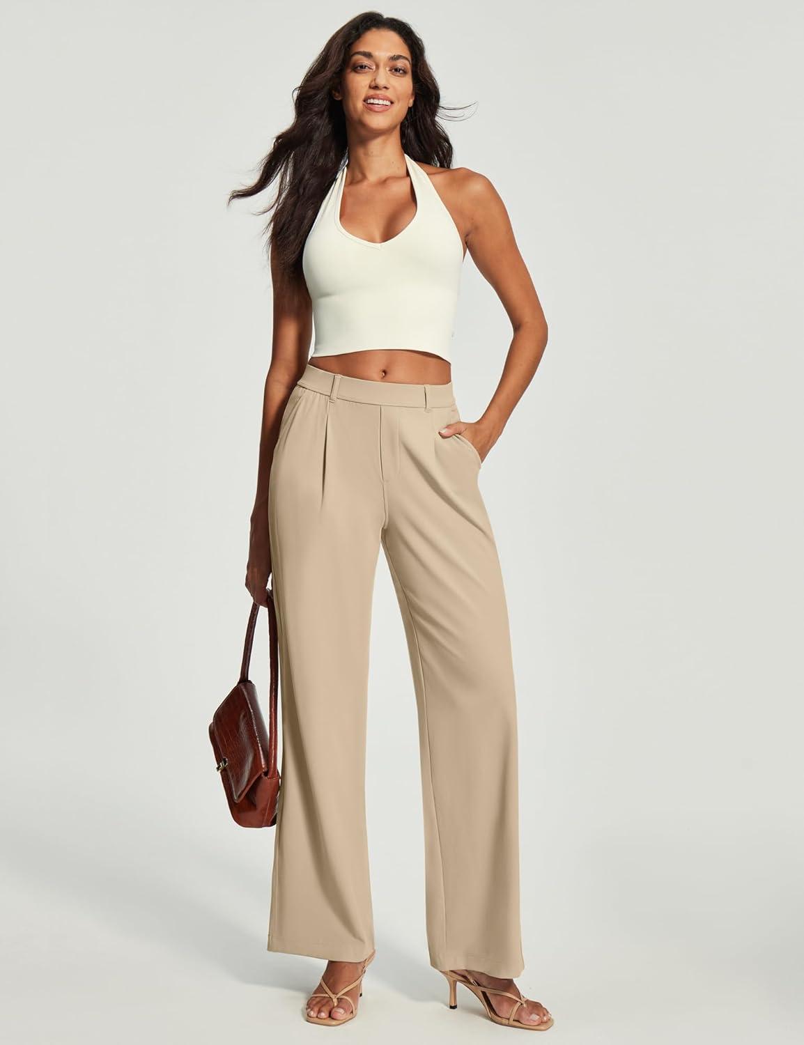 imageEwedoos Womens Dress Pants Wide Leg Stretchy Work Pants Women Pull On Business Casual Trousers Slacks for WomenKhakiregular