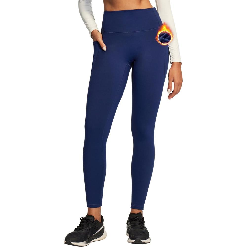 imageEwedoos Fleece Lined Leggings Women Tummy Control with Pockets No Front Seam Warm Thermal Leggings Winter Running Yoga PantsNavy Blue