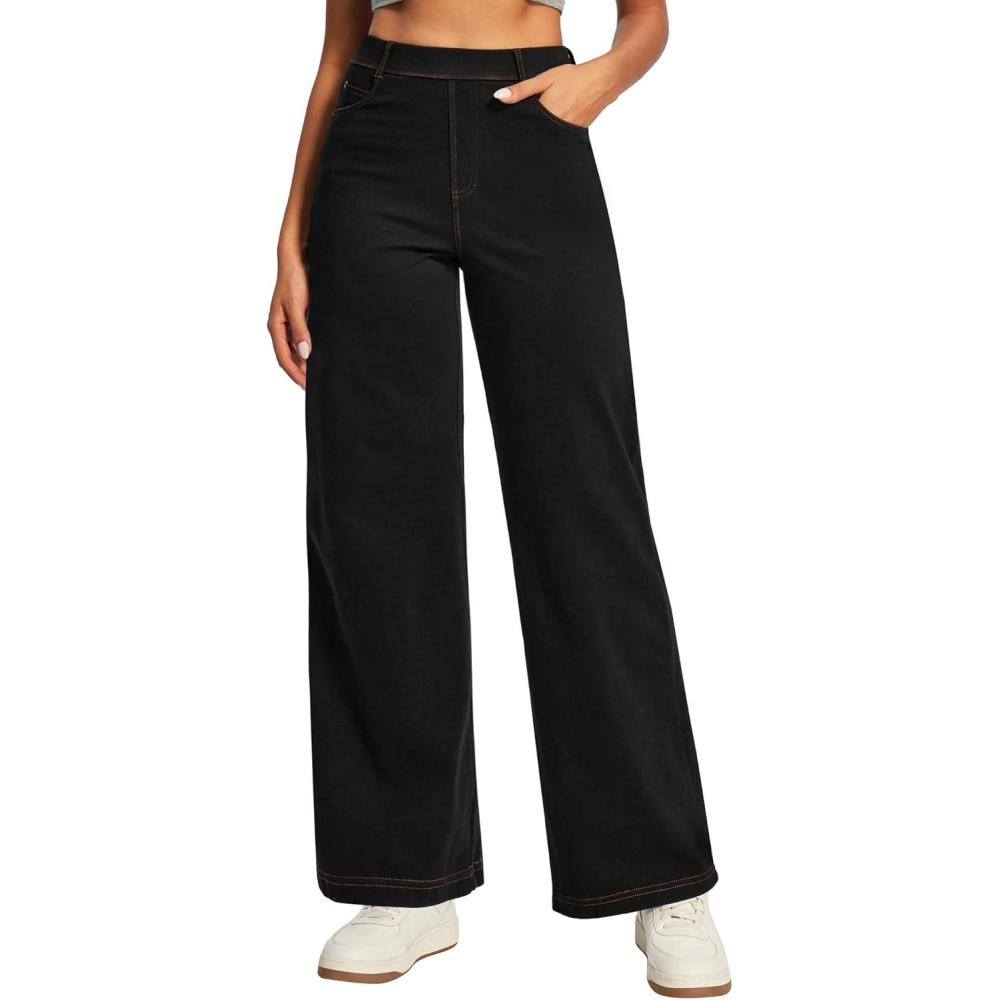 imageEwedoos Wide Leg Jeans Woman High Waisted Stretchy Baggy Jeans for Women Pull On Trendy Womens Jeans Straight Denim PantsBlack31 Regular