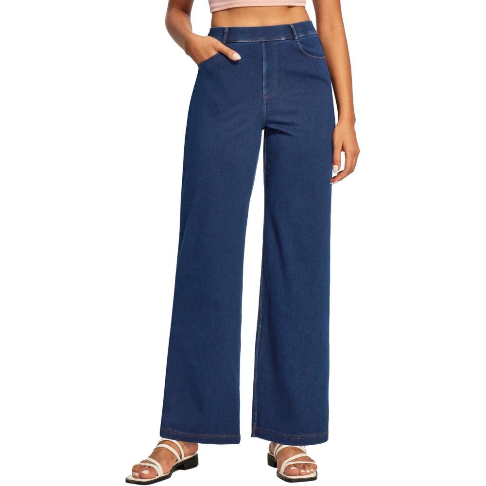 imageEwedoos Wide Leg Jeans Woman High Waisted Stretchy Baggy Jeans for Women Pull On Trendy Womens Jeans Straight Denim PantsDark Blue29 Petite