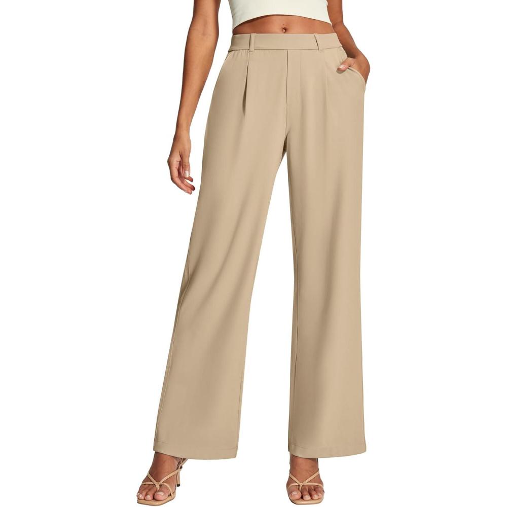imageEwedoos Womens Dress Pants Wide Leg Stretchy Work Pants Women Pull On Business Casual Trousers Slacks for WomenKhakiregular